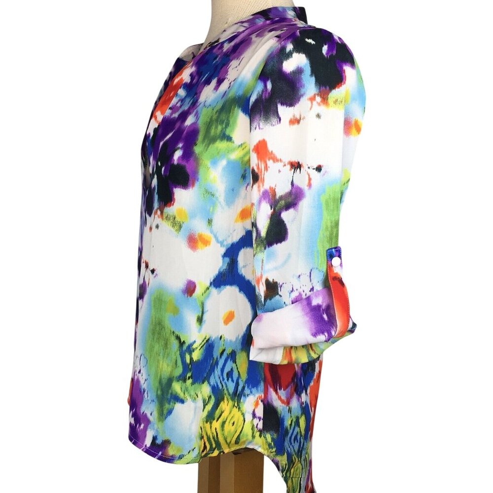 Chelsea Taylor Womens Top Size S Watercolor V-neck Tab Slvs Hi Low Hem Colorful - Picture 5 of 11